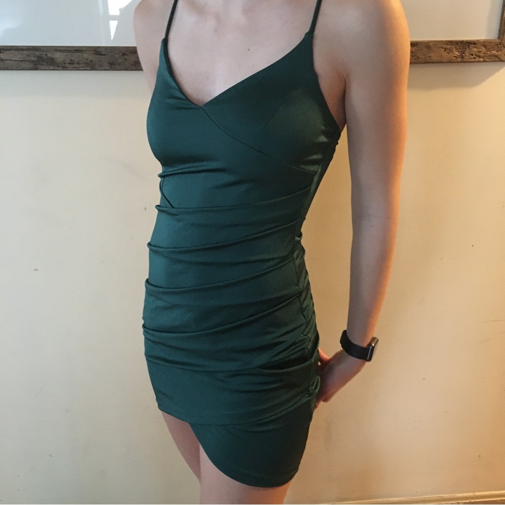 Windsor Luxe Satin Mini Dress Size M Cowl Neck Hunter Green - Picture 3 of 9
